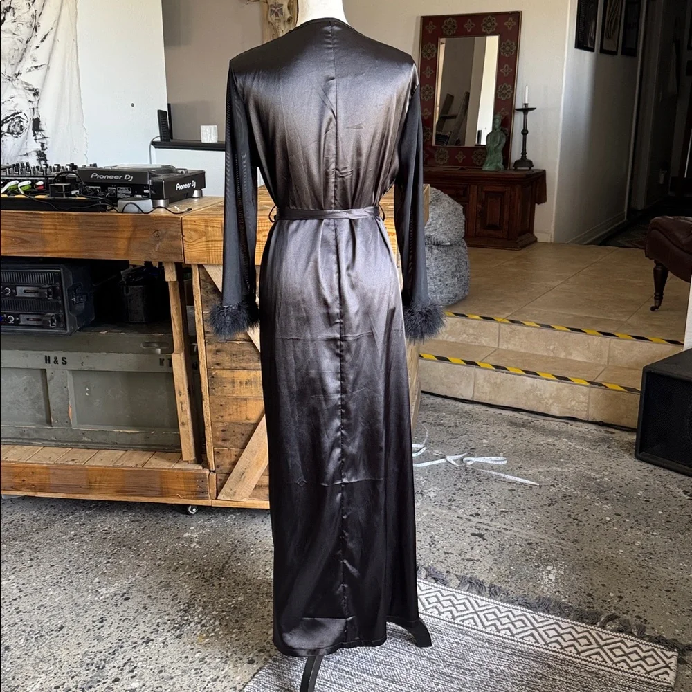 New Black Satin Robe with Ostrich Feather Cuffs Sheer Sleeves - Picture 5 of 6